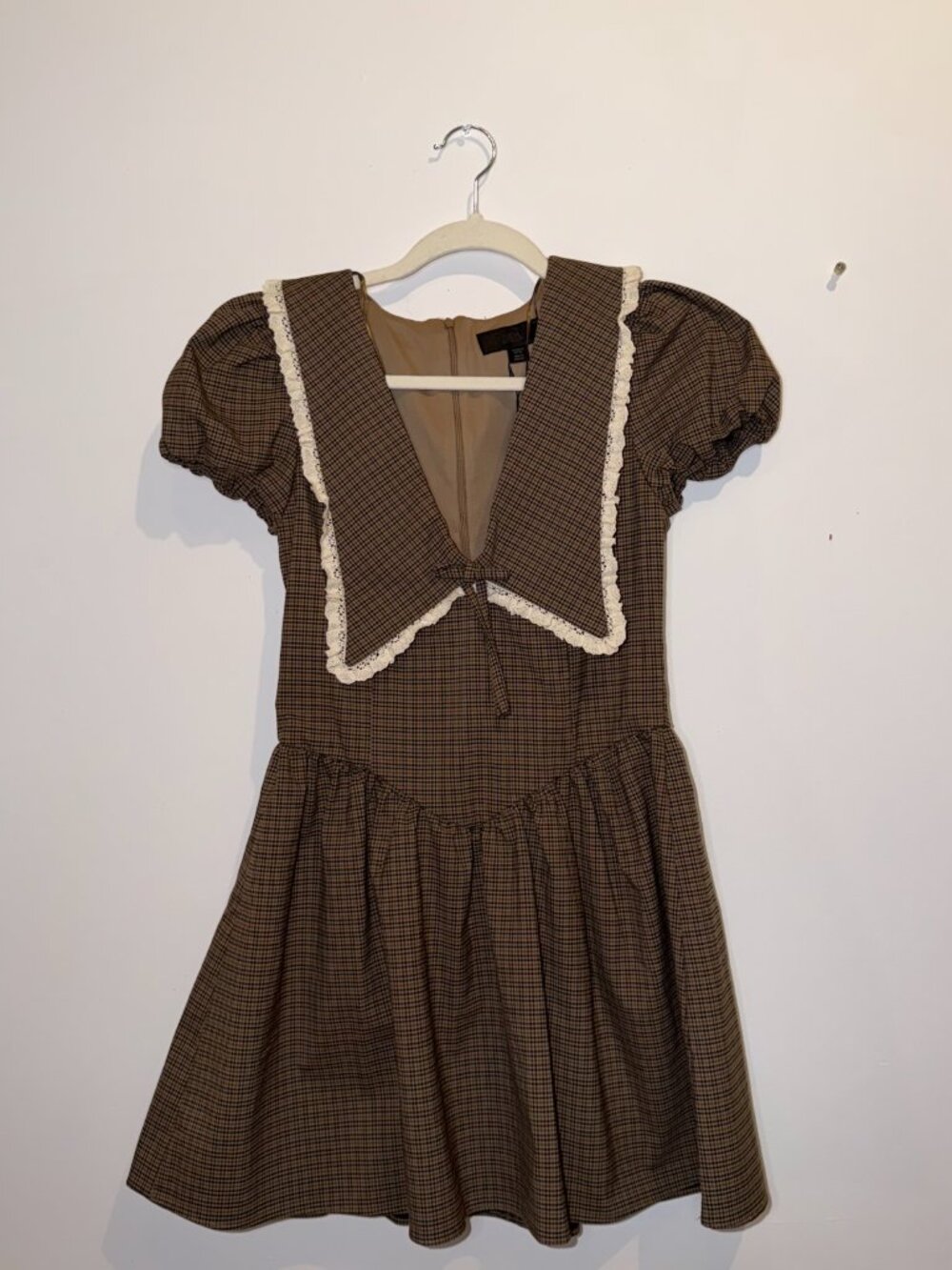 ZARA Brown Check Lace Collar Puff Sleeve Mini Dress Size M NWT - Picture 2 of 6